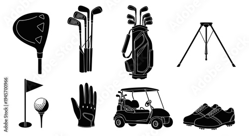 Black and White Icons of Golf Equipment, Flat Design