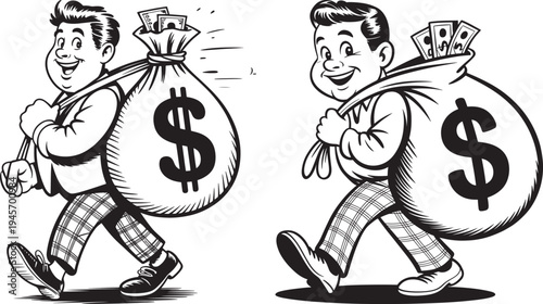 Two cartoon men carrying large sacks of money on their shoulders, walking happily, money sack, money bag