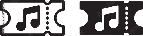 Music ticket outline and solid silhouette with musical note isolated on transparent background