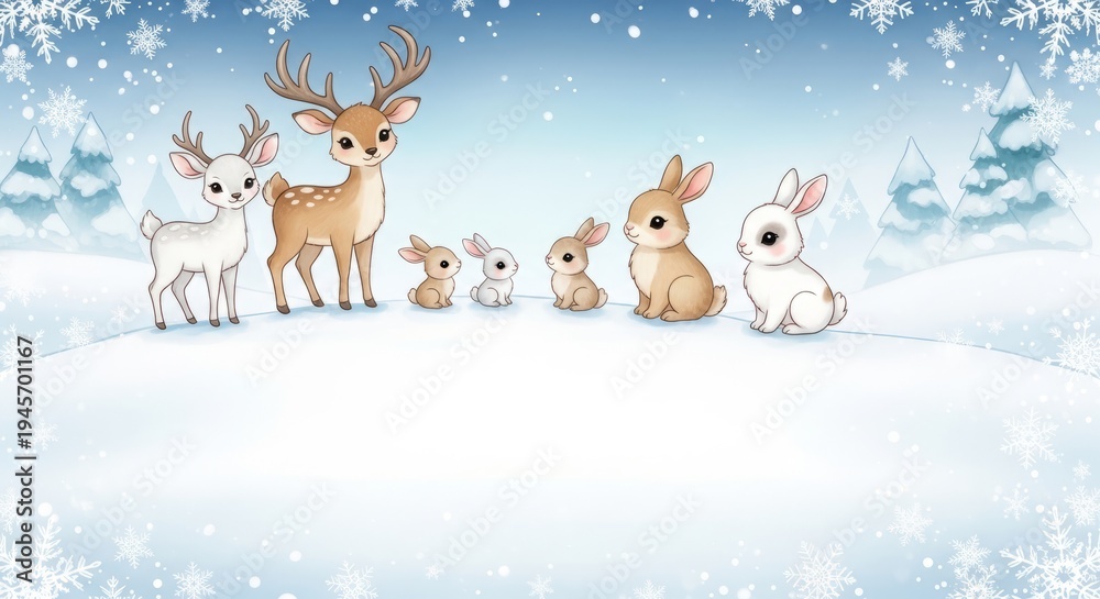 Fototapeta premium Cute Cartoon Deer and Bunnies in Snowy Winter Forest, Christmas Holiday Animals