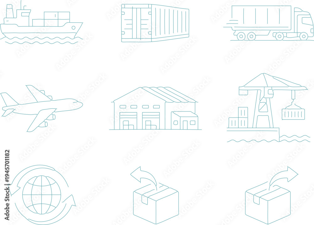 Naklejka premium Cargo ship airplane truck warehouse port crane globe boxes