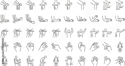 Joint pain medical line icons set arthritis knee elbow shoulder hand injury inflammation physiotherapy rehabilitation outline vector collection