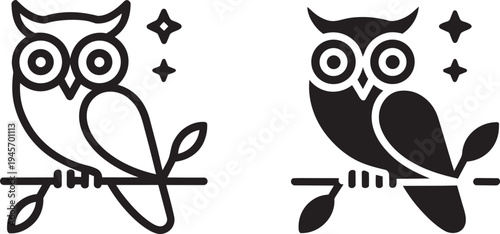 Owl perched on branch icon outline and solid black for wisdom night and nocturnal animal themes