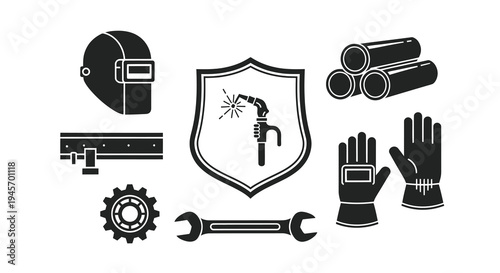Black and White Icons of Welding and Metalworking Tools, Safety Equipment, and Materials