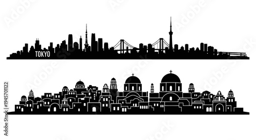 Tokyo Skyline Silhouette and Old City Architecture Black and White Vector Art