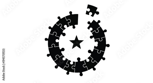 Puzzle pieces forming an incomplete black spiral around a central star icon powerfully symbolize problem-solving, teamwork, strategy, and continuous progress, offering a compelling visual metaphor.