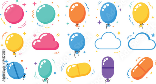 Colorful balloons and cloud shapes collection with festive party decorations floating balloons cartoon clouds and celebration elements vector illustration set