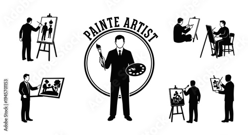 Black and White Vector Art of Artists Painting, Studio, Creative