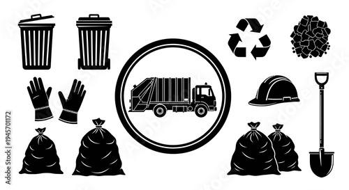 Black and White Glyph Icons of Garbage Truck, Bins, Bags, Gloves, Helmet, Shovel, Recycling Symbol