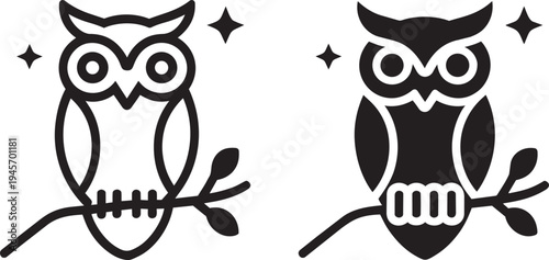 Owl silhouette. starry night forest bird illustration. cute nocturnal animal sitting on tree branch