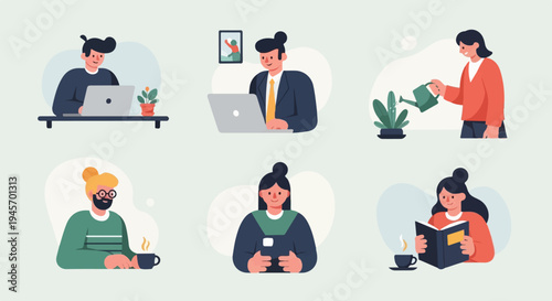 Flat illustration of people working, relaxing, and tending to plants
