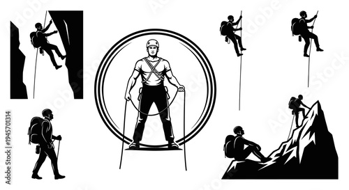 Climbing Silhouette Icons: Adventure, Sport, Outdoors, Vector Art