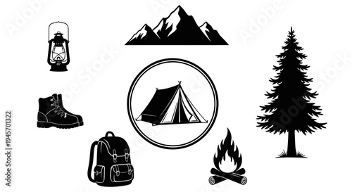 Camping Gear Icons: Tent, Backpack, Lantern, Boot, Mountains, Tree, Fire