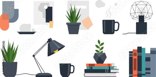 Collection of modern flat design elements for home office decor