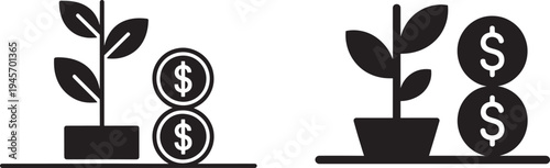Two icons of a plant growing next to dollar coins, symbolizing financial growth and investment, money plant