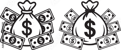 Two icons of money bags filled with dollars and banknotes, symbolizing wealth and finance, money bag