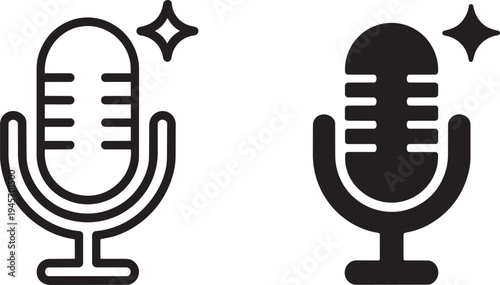 Shiny podcast microphone with stars outlined and filled black simple symbol vector illustration