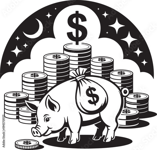 Piggy bank with a money bag on its back, surrounded by stacks of coins and banknotes under a starry night sky