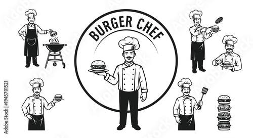 Black and White Burger Chef Icon Set: Chefs, Grilling, Burgers
