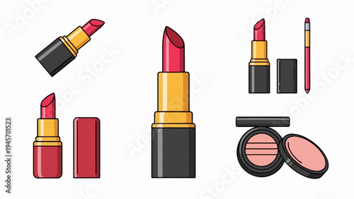 Assorted collection of stylized lipstick tubes, a cosmetic pencil, and a compact blush