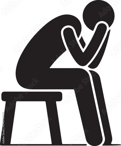 Sad Depressed Man Sitting on Stool Silhouette Vector Illustration