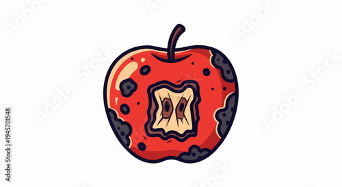 Cartoon illustration of a decaying red apple with dark spots and a hollowed core