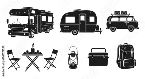 Black and White Icons of Camping and RV Travel Vehicles and Gear