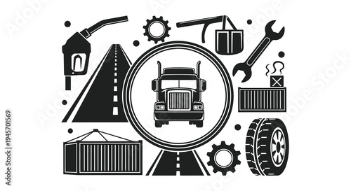 Black  White Glyph Icons Set for Trucking and Logistics Industry