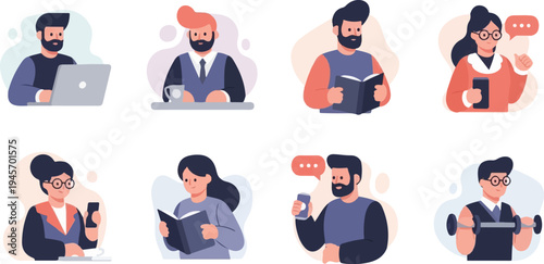 Flat illustrations of diverse people engaged in various modern activities and hobbies