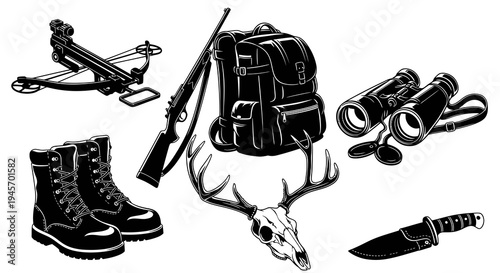 Hunting Gear Black and White Line Art Vector: Crossbow, Rifle, Boots, Skull, Binoculars, Knife, Backpack