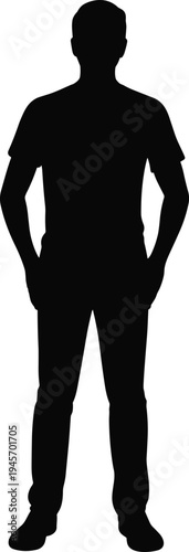 Electrician silhouettes with cables, family walking together, road construction workers in orange vests, and a young man standing in casual pose.