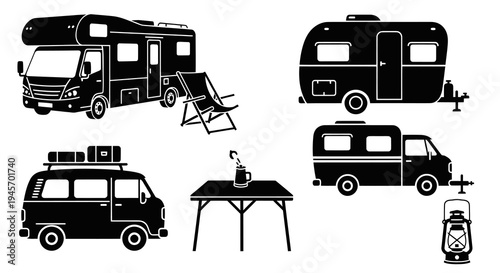 Black and White Camping Icons: RV, Camper, Van, Table, Lantern, Chair
