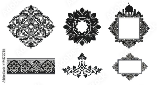 Black Islamic Ornament Frame and Arabic Calligraphy Border Design Set