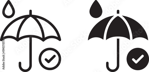Waterproof umbrella with raindrop and checkmark showing weather protection simple symbol