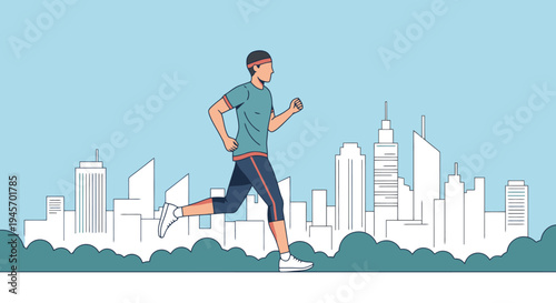 A male person in activewear is jogging outdoors in a cityscape environment during a daytime activity exercising for wellness and fitness