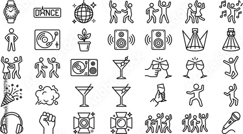 Nightclub party and dance line icon set with disco music cocktail celebration symbols minimal outline vector illustration collection
