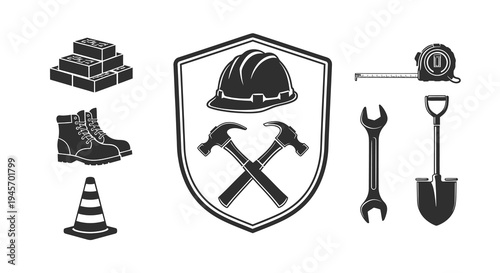 Construction Tools and Safety Gear Glyph Icons on White Background