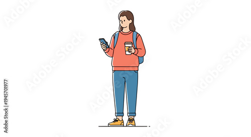 Young adult with backpack holding a beverage and using a mobile telephone stands on a white backdrop demonstrating connectivity and communication
