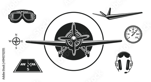 Aviation Icons: Black  White Vector Art of Airplane, Goggles, Compass, Speedometer
