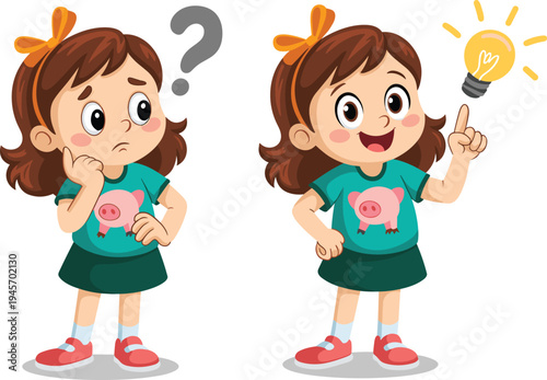 Cartoon girl thinking and getting idea with light bulb curious child learning problem solving concept cute illustration