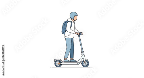 Person riding an electric scooter wearing a backpack and helmet against a clean white background Transportation concept