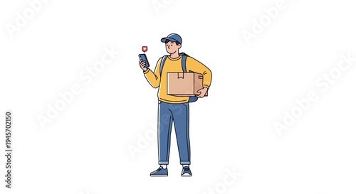 Delivery person holding mobile phone and parcel box wearing cap and backpack checking location information for courier service on white background
