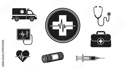 Medical Icons Set: Ambulance, Heartbeat, Stethoscope, Syringe, Bandage, First Aid