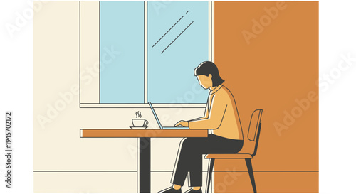 Person working on a laptop computer at a table near a window inside a room with a cup of coffee The room has orange and beige walls and a simple