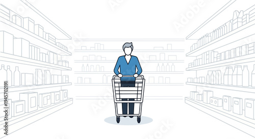 A person navigating a supermarket aisle with a shopping cart representing consumerism and retail purchasing items for daily life needs and grocery