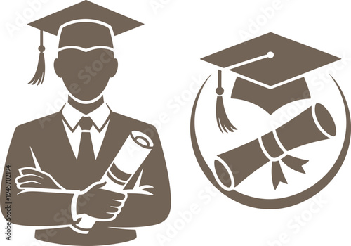 Graduation icon with cap, diploma, and wreath