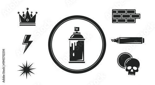 Graffiti Art Icons: Spray Can, Crown, Skull, Bolt, Brick, Marker