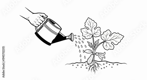Hand watering a growing plant with a watering can