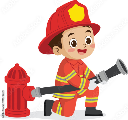 Cute cartoon firefighter kid holding fire hose near hydrant, brave emergency rescue worker character illustration safety profession concept