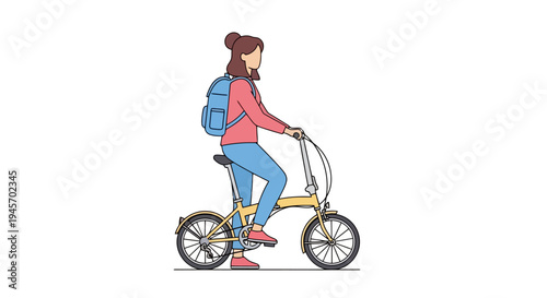 Woman Rides Bicycle On White Background With Backpack Commuting Activity For Environmentally Conscious People Female Character Traveling Alone